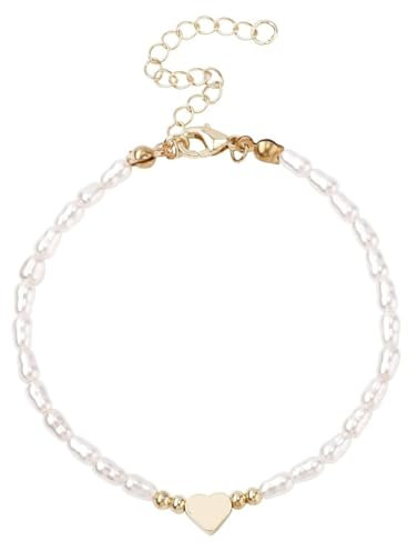 NHPY 1 Stück Armband damen, Perlenarmband damen, Armband gold, Goldene perlen armbänder mit herz anhänger