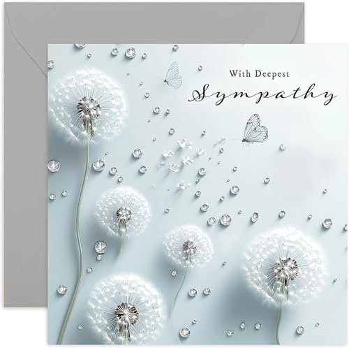 Tarjeta de felicitación de condolencias con condolencias más profundas, hermosa y elegante obra de arte de diente de león, duelo, pérdida, pensando en ti, interior en blanco con sobre, fabricada en el