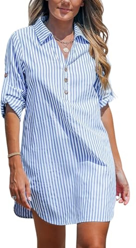 NLAND Vestido de Mujer de Manga Larga con Botones Casual Elegante Vestido de Camisa Mini Vestidos de Cuello V a Rayas