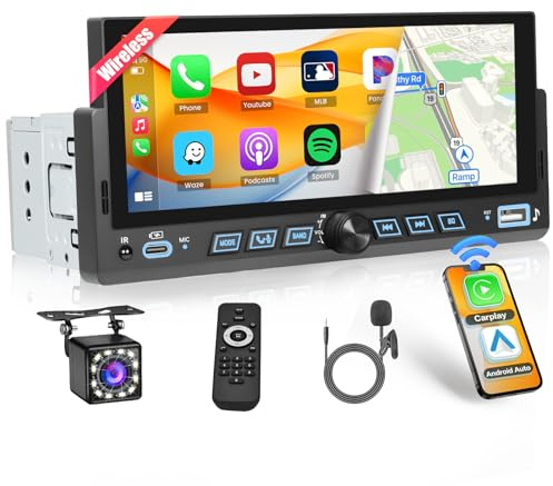Inefala 1 DIN Bluetooth-bilradio med trådlös Carplay Android Auto, 1 Din Stereo Bil med skärm 6,9 tum, spegellänk, FM-radio, USB-A & C, SWC, EQ, Retrocamera, MIC