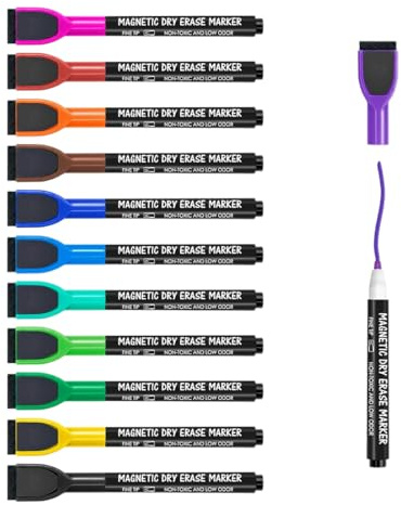 Whiteboard Stifte, 12 Stück, 12 Farben, Magnetische, Trocken Abwischbare Marker, Folienstift Abwischbar Geruchsarmer Erase Marker mit Radiergummi,Perfekt für Zuhause Schule Büro