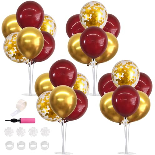 Balloon Stand Kit 4 Sets for Table Centerpieces Include 32 Pcs Red Gold Latex Confetti Balloons for Birthday,Graduation, New Year's Eve,Anniversary Party Supplies（For Ages 18 and Up Only）