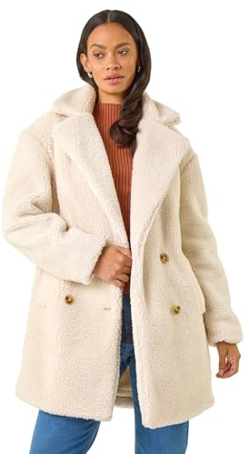 Roman Originals Women Faux Fur Coat - Ladies Jackets Teddy Bear Plush Casual Soft Fluffy Textured Oversized Warm Cosy Autumn Winter Flattering - Off White - Size 16