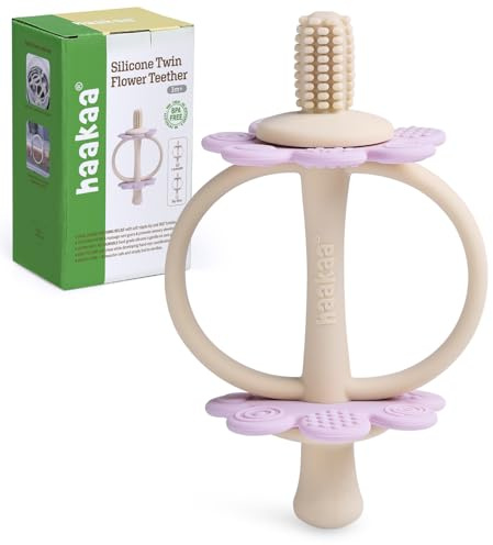 haakaa Baby Bitring i Silikon, 2-i-1 Bitleksak med Nappformad Ände och 360° Borsthuvud, Tandköttsmassage, Lätt att Greppa, Lavendel