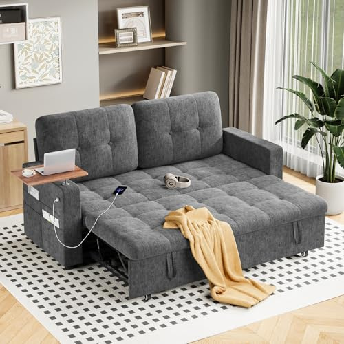 Jooli H Sofa Bed Double, 3-in-1 Convertible Fabric Pull Out 2 Seater Sofa with Swivel Removable Side Table, 5-Position Adjustable Backrest, Side Pockets and USB for Living Room, Guest Room, Grey