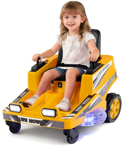 GYMAX 12V Kids Ride on Car, Children Electric Car with Dual Control Sticks, Lights, 360° Twist and Turn, Battery Powered Lawn Mower for 3 Years Old+ (Yellow)