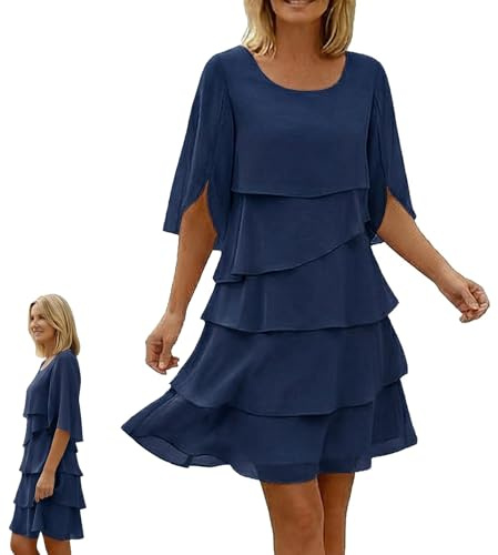 Chiffongklänning Dam med Volanger, Elegant Midi-klänning med 3/4 Klockärm, Flowy Lager-på-lager Klänning för Bröllopsgäst Fest och Fina Tillfällen(Navy Blue,M)