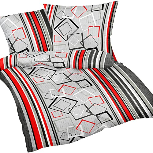 Heubergshop 2 teilige Seersucker Bettwäsche 135x200cm und 80x80cm - Modern gestreift in Rot und Grau - 100% Baumwolle, Bettgarnitur (305/6)