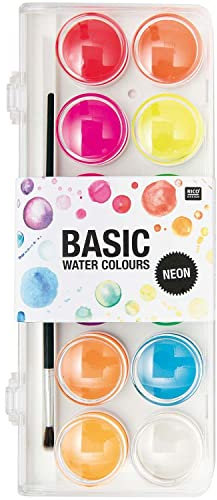 Rico Design Basic Neon Wasserfarbkasten/Tuschkasten - 12 Wasserfarben & 1 Pinsel zum Tuschen und Malen- Malkasten/Farbkasten