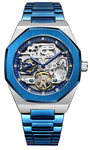 Tourbillon Design analog automatisk klocka i rostfritt stål mekaniskt skelett manlig klocka, BLÅ