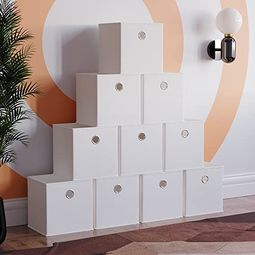 Vida Designs Durham Foldable Storage Cube Baskets Fabric Box With Metal Easy Access Handle Home Organiser (10 Pack, White)