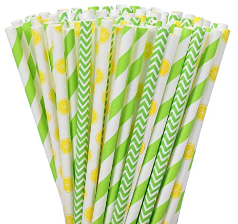 Whaline 200Pcs Lemon Paper Straws Disposable Yellow Green Stripe Wave Patterned Drinking Well Crafted Straws for Baby Shower Wedding Decoration Spring Summer Fruit Party Event Supplies