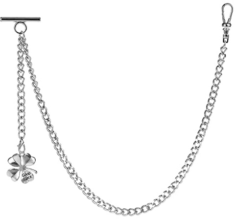 ZTA Albert Chaîne de montre de poche pour homme avec fermoir pivotant et pendentif en forme d'herbe à quatre feuilles, Argenté., Antique