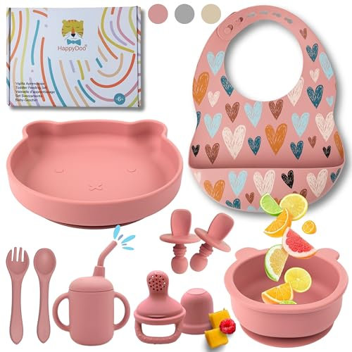 HappyDoo | Baby Geschirrset | 12 Stücke | Baby Teller Set | Baby Geschirrset mit Saugnapf | Baby Geschirr | BPA FREE | Fruchtsauger Baby Geschenk | Babygeschirr Set | Im Geschenkkarton
