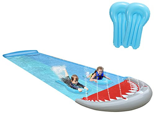 Jopassy Wasserrutsche Outdoor Sommer Rasen,550 * 145cm Hai-Stil Wasserspielzeug Garten Wassermatte, Wasser Rutsche mit 2xSurfbrett, mit eingebautem Sprinkler, Sommerspielzeug Kinder Erwachsene