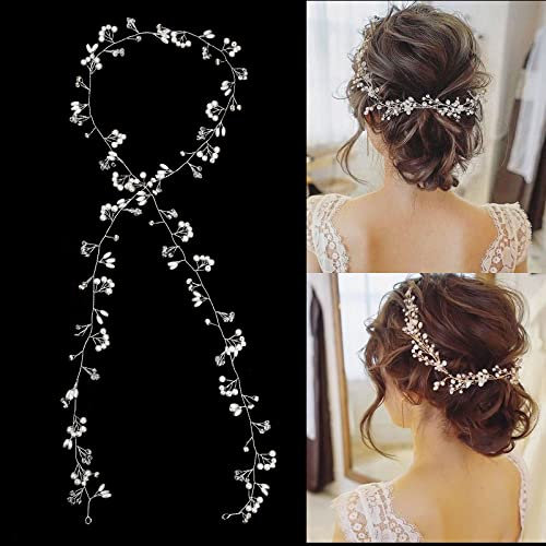 Hochzeit Braut Haar Rebe Blume Haarschmuck 100cm Silber Braut Haarranke Kopfschmuck Kristall Perlen Haarteil Stirnband Handgemacht Hochzeit Perlen Haardraht Zubehör für Damen Brautjungfer