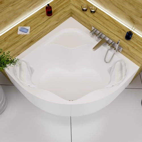ECOLAM® Eckbadewanne Badewanne Selma 150x150 cm Schürze + 2 Kopfkissen Mare | Qualitätswanne Eckwanne Acrylwanne Acryl Verkleidung | Ablaufgarnitur Ab- und Überlauf Automatik Füße Set