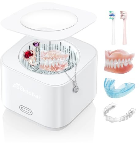Limpiador Ultrasonidos Dental Limpieza, 43KHz Dental Pod Ultrasonic, Para Dentaduras Postizas, Alineadores, Retenedores, Cabezas de Cepillos de Dientes, Limpiador Ultrasónico Eficiente de 360°, 200ml