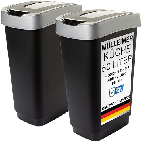 SUSTANIA Duo Mülleimer Küche 2 Fächer 50L - Geruchsdicht Doppel Abfalleimer mit Schwingdeckel, 2er Set 50 Liter, 60x45x34 cm, Robust Recycelbarer Kunststoff, Schwarz/Silber, Made in EU