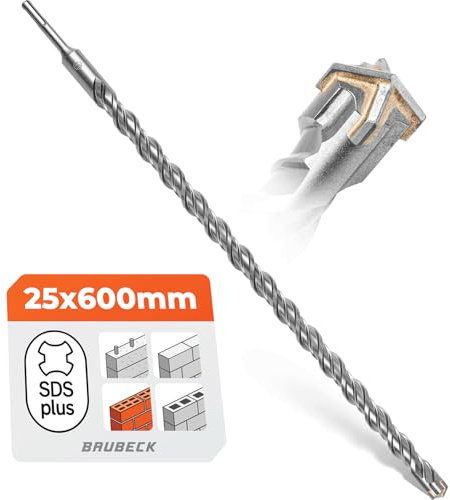 BAUBECK SDS Plus Borr, 25 mm x 600 mm lång för betong och sten – premium 40 CR stål, hållbar – 4 skär stenborr 25 mm för bästa resultat – SDS-plus borr 25 mm betongborr