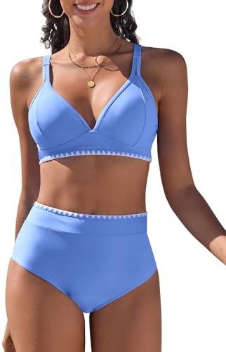 Vijamiy Bikini dam set V-ringad tvådelad push-up bikinis hög midja badmode sexiga badkläder med vit spets, Ljusblå, S