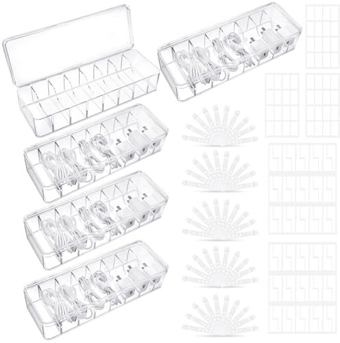 ProSuites Cable Organizer Box with Lid, 5 Pcs Clear Cord Storage Organizer with 50 Cable Ties 108 Cable Labels, Charger Organizer for Office Desk Drawer Organizers and Accessories