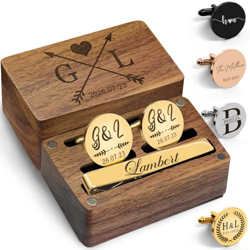 WJunEYao Gemelli Personalizzati per Uomo con Iniziali - Fermacravatta con Scatola di Legno Incisa - Gemelli con Logo Personalizzato per Matrimonio - per Figlio, Papà, Sposo, Testimone