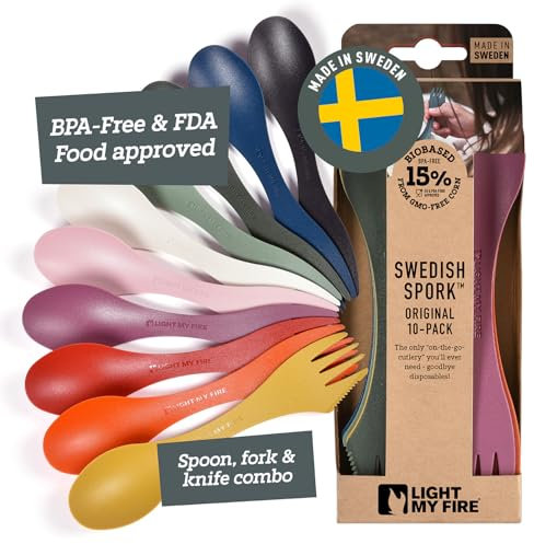 Light My Fire Couvert Camping - Set Couverts Voyage Sporks - Couverts Camping 3 en 1 - Cuillère Fourchette Couteau Camping - Couvert Plastique Reutilisable 100% sans BPA (10-pack Multicolour)