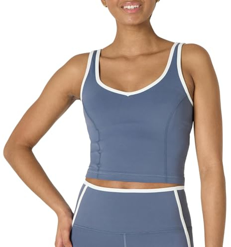 Amazon Essentials Débardeur Court de Sport FormFlex Ultra Doux avec Couture Contrastante et Soutien-Gorge Intégré, Soutien Léger Femme, Blanc/Gris Ardoise, XL