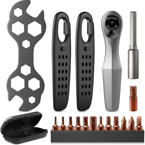 1/4 Ratschenschlüssel Set Fahrrad Werkzeug Mini Ratsche Set mit 13 Bits, Verlängerungsstange, Reifenheber, Sechskant-Blumenschlüssel für Unterwegs