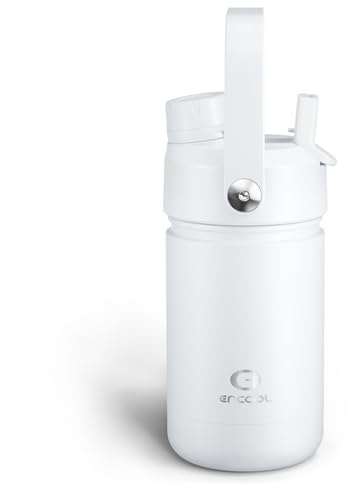 Kids Insulated Water Bottle with Straw - 12oz Stainless Steel Water Bottle with Dual Spouts, Leak-Proof, BPA-Free, Double Wall Vacuum Keeps Cold for 24 Hours for Sports, Travel, School (Polar White)