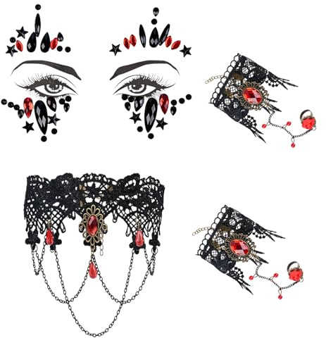 Bijoux Halloween Lot de 4,Collier Gothique en Dentelle,Pierre Précieuses et Bracelets,Halloween Vampire Steampunk Sorciere Femme Collier Dentelle,Accessoire Medieval Femme Carnaval et Mascarade(Rouge)