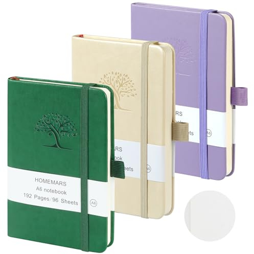HOMEMARS Anteckningsbok A6, 3 stycken, tom, 14,4 cm x 9,6 cm, anteckningsblock, lila, vit, grön, tom, 192 sidor, anteckningsblock, skissbok, anteckningsbok läder, präglingsdesign