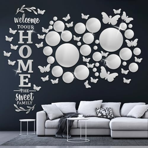 DIYJEP Adesivi da Parete a Specchio con Scritta HOME, Adesivo Murale Rotondo Farfalla 3D Acrilico Rimovibile, Adesivi Murali Decorativi in Argento per Soggiorno Camera da Letto Sala da Pranzo