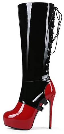 Veelau Meieer Botas hasta la rodilla para mujer Botas de tacón de aguja bicolor Botas de charol con cordones y cremallera lateral, Negro y rojo., 41 EU