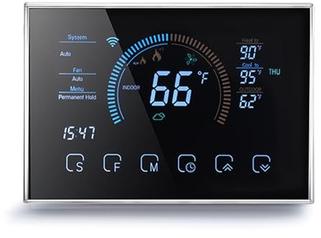 Chiyyak SMART THERMOSTAT Hem Programmerbar Värmepumptermostat med C -trådadapter, Stöder Android, LCD Color Touch Screen Voice Control (Svart)