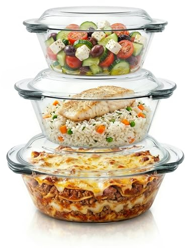 Arendo - Auflaufform mit Deckel und Griffen – 3er Set – Borosilikatglas – 3 Größen 1000ml 1500ml 2000ml – ofenfest – mikrowellengeeignet – nachhaltig BPA-frei - klein bis groß - Glasbehälter