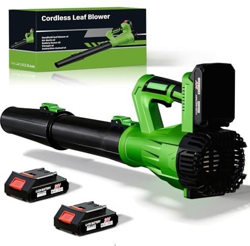 Cordless Leaf Blower 21V, 6-Speed High Power Electric Blower with 6.0Ah Battery, Lightweight Design, 2 Batteries & Fast Charger for Lawn, Patio, Dust and Leaves（Black Green）
