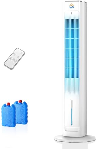 EXNOS Raffrescatore d’Aria a Torre con Acqua-Alternativa al Climatizzatore senza Tubo, Silenzioso, Oscillazione 75°, Timer 12H, Telecomando, Bianco