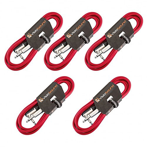 VisioSound 5 x Guitar Lead 6.35mm 1/4 Mono Jack to Angled Jack/Instrument Cable / 5 Pack 3m Red