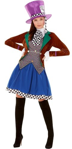 Smiffys Miss Hatter Costume, Multi-Coloured with Jacket, Attached Waistcoat, Skirt & Hat, Fairytale, Wings and Wands Fancy Fancy Dress, Storybook Character Dress Up Costumes