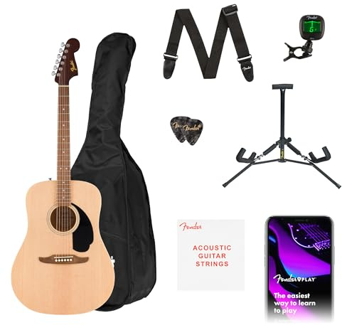 Fender guitarra acústica California Debut Redondo en acabado natural, funda, correa, cable, púas, soporte para guitarra