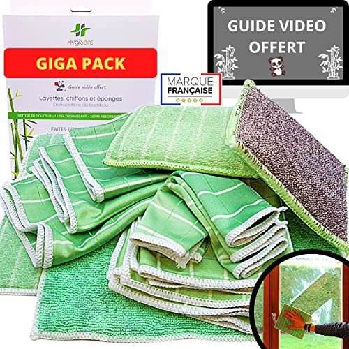 Kit 10 Chiffon Bambou Microfibre XXL pour Vitre | Lingette, Lavette et Torchons Magique Revolutionnaire sans Traces | Eponge, Essuie Tout Original Reutilisable Lavable | Mousseline Menage Brillant