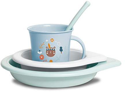 Suavinex, Vajilla para Bebés, Set de Platos de Aprendizaje, +6 Meses, Vajilla Infantil Apta Para Lavavajillas y Microondas. Incluye: Vaso + Plato Llano + Bol + Cuchara. Forest Azul