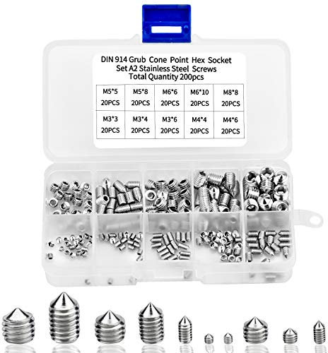 Juego de tornillos prisioneros mixtos de 200 piezas de acero inoxidable A2 con punta cónica M3 M4 M5 M6 M8 rosca métrica Allen