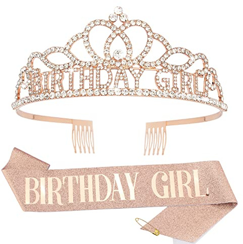 CIEHER Birthday Girl Sash and Birthday Crown Rose Gold Birthday Tiara for Women Birthday Girl Headband Princess Crown Birthday Decorations Birthday Crown and Sash Rhinestone Happy Birthday Accessories Birthday Gifts