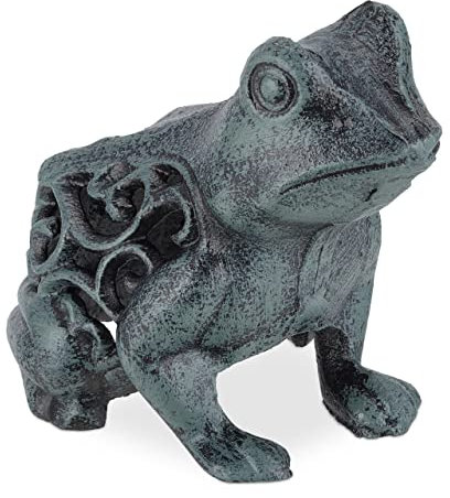 Relaxdays Statuette de Grenouille, en Fonte, pour Jardin, H x L x P : 10 x 8 x 11 cm, pour décoration, Vert/Noir