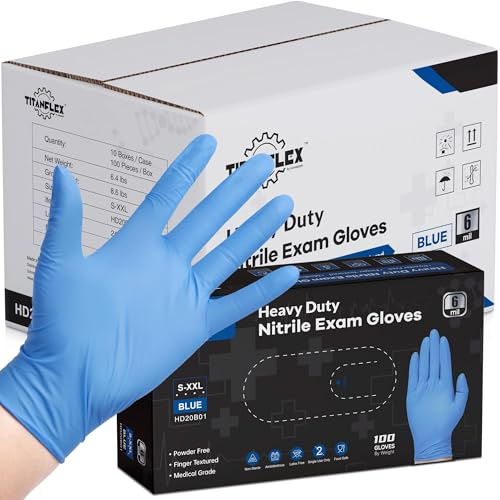 TitanFlex Nitrile Exam Gloves, Blue, 6-mil, Large, Case of 1000, Heavy Duty Nitrile Gloves Disposable Latex Free, Powder Free, Medical, Cooking, Mechanic, Cleaning Gloves