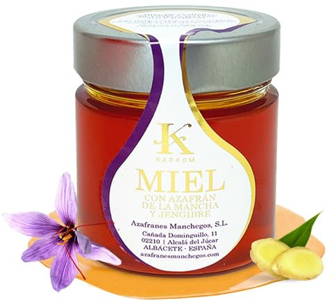 Miel pura de azahar con jengibre ecológico y azafrán de la Mancha, natural de abeja origen España, Miel cruda artesana con jengibre ecológico y azafrán, Premium tarro de 250 g.