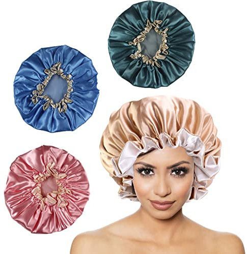 BSITSSS 4-teilige Duschhaube Damen, Haarhaube für Nacht, Doppellagig Satin, Rosa, Gold, Grün, Blau